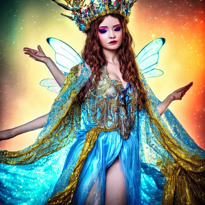 Image similar to full body photo of a very beautiful!! fairy queen with ornate sparkling robes, highly detailed, 4 k, hdr, smooth, sharp focus, high resolution, award - winning photo