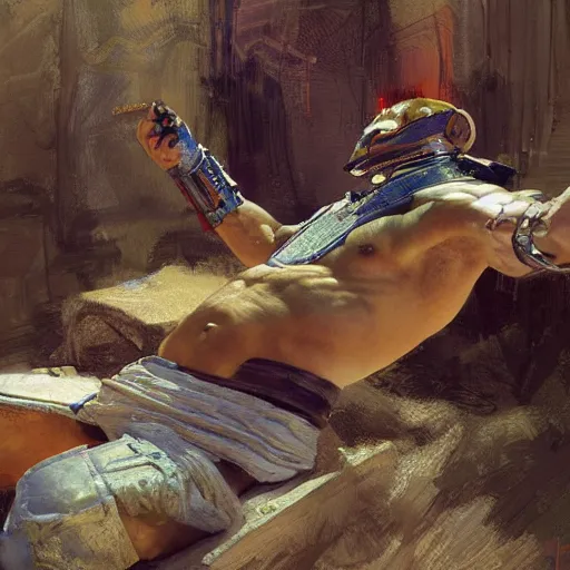 Image similar to a cyborg fighter, Egyptian features, resting after a hard fight, happily tired, sci fi character portrait by gaston bussiere, craig mullins