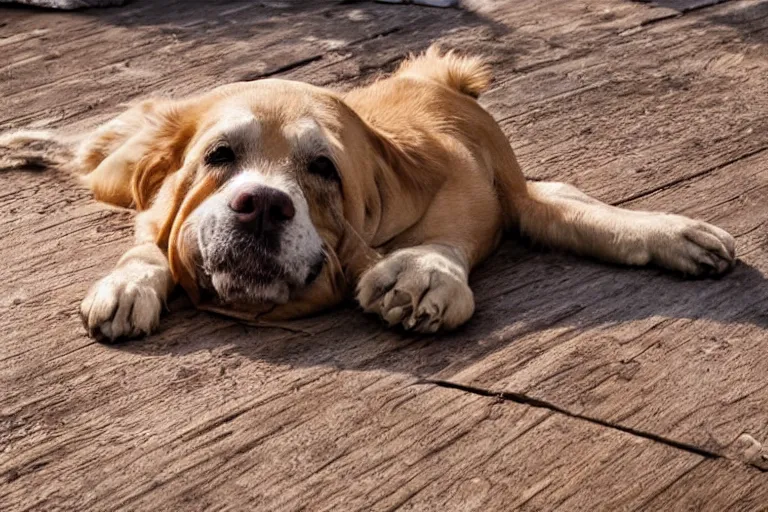 Prompt: old dog lying on a wooden dusty boardwalk