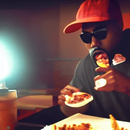 Image similar to blurry, gopro footage of kanye west eating at taco bell, cinematic, volumetric lighting, night, rain