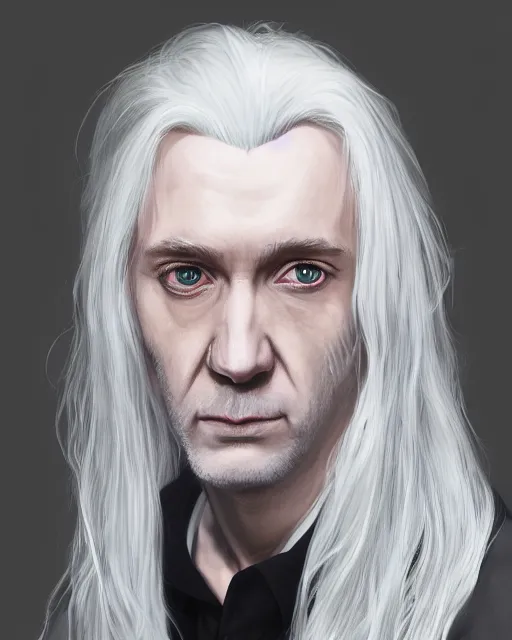 Image similar to portrait of 4 0 - year - old man with long white hair with a pale complexion, malfoy lucius, clear face, pointed face and grey eyes, hyper realistic face, beautiful eyes, character art, art by mark brooks, hyperdetailed, cryengine, trending on artstation, digital art