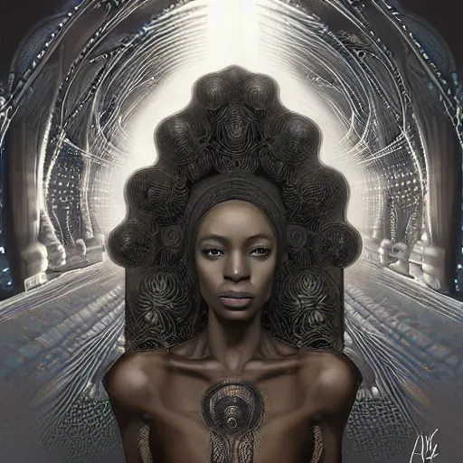 Prompt: digital art by h r giger, black african princess, warm volumetric lighting, cosmic, symmetric, highly detailed, elegant, concept art, enveloped by alien tendrils, heavenly, god rays, glowing aura, intricate, sharp focus, illustration, alexandros pyromallis, bouguereau, rutkowski, artgerm, alphonse mucha