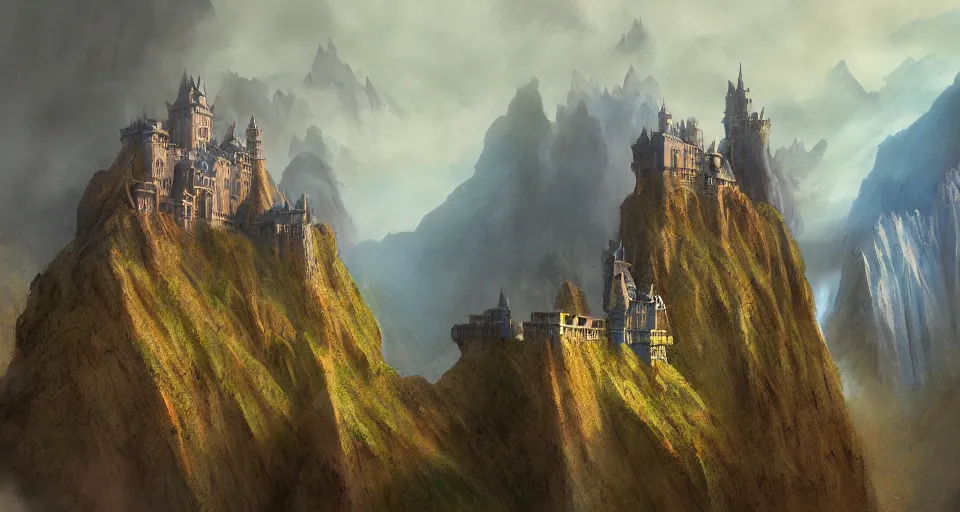 Image similar to castle on a misty mountain by John Howe and Jeff Easley and Craig Mullins, concept art, HD, 8K