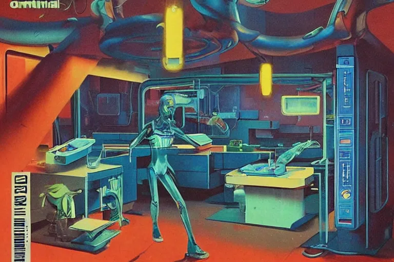 Prompt: 1979 OMNI Magazine Cover of a denture lab. in cyberpunk style by Vincent Di Fate