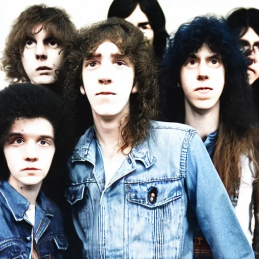 Prompt: group of 1 9 - year - old boys and girls with shaggy wavy hair, wearing double denim, proto - metal band promo, heavy rock band promo photo, early heavy metal, 1 9 7 5 photo