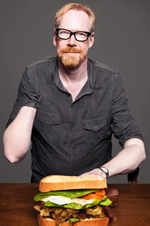 Image similar to 📷 portrait of adam savage with a sandwich for a head, still image, high resolution, 4 k