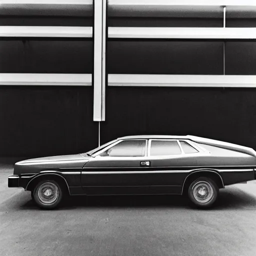 Prompt: indistinct 1975 hatchback, inside of an badly lit 1970s parking garage, ektachrome photograph, volumetric lighting, f8 aperture, cinematic Eastman 5384 film