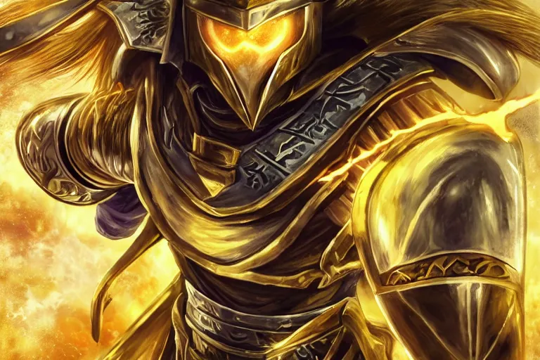 Image similar to an ultra detailed portrait of saladin as a shonen anime protagonist charging into battle wearing bright gold armor and huge flaming longsword blessed by god, epic anime fantasy, 8 k, volumetric lighting, smooth, highly detailed, digital illustration, art by kentaro miura and akira toriyama and artgerm