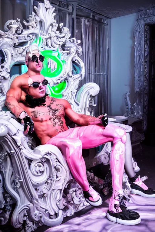 Image similar to full-body rococo and cyberpunk style neon statue of a muscular attractive Camilo wearing cholo shades macho dotado e rico android sim roupa reclining con las piernas abertas e la piroca dura, ethereal white dripping tar, glowing white lasers, pink tigers, glowing eyes, silver prince crown, black gears, pink diamonds, swirling mint-colored silk fabric. futuristic elements. full-length view. human skulls. large intricate artwork by caravaggio. Trending on artstation, octane render, cinematic lighting from the right, hyper realism, octane render, 8k, depth of field, 3D