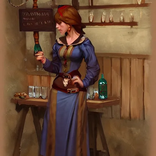 Prompt: medieval barmaid in tavern, trending on artstation