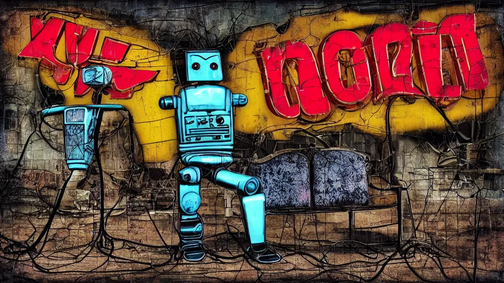 Prompt: A 1960s era robot! on a faded yellow couch in front of a rusted and dilapidated gas station. The stars! of the Milky Way shine above a broken neon sign, ground is cracked with vines digital art