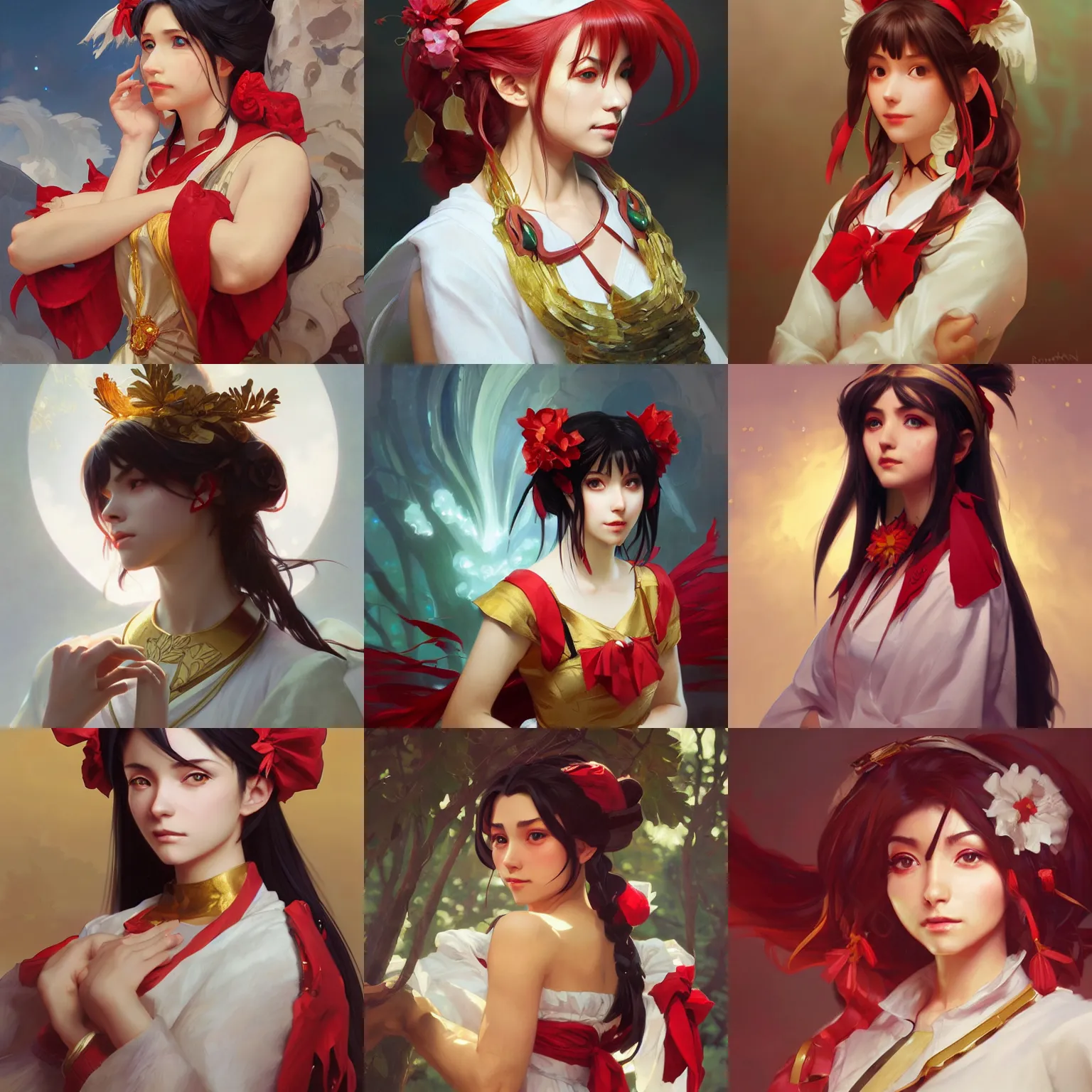 Prompt: a portrait painting of reimu hakurei, by greg rutkowski, artgerm, alphonse mucha, marble, gold, unreal engine 5