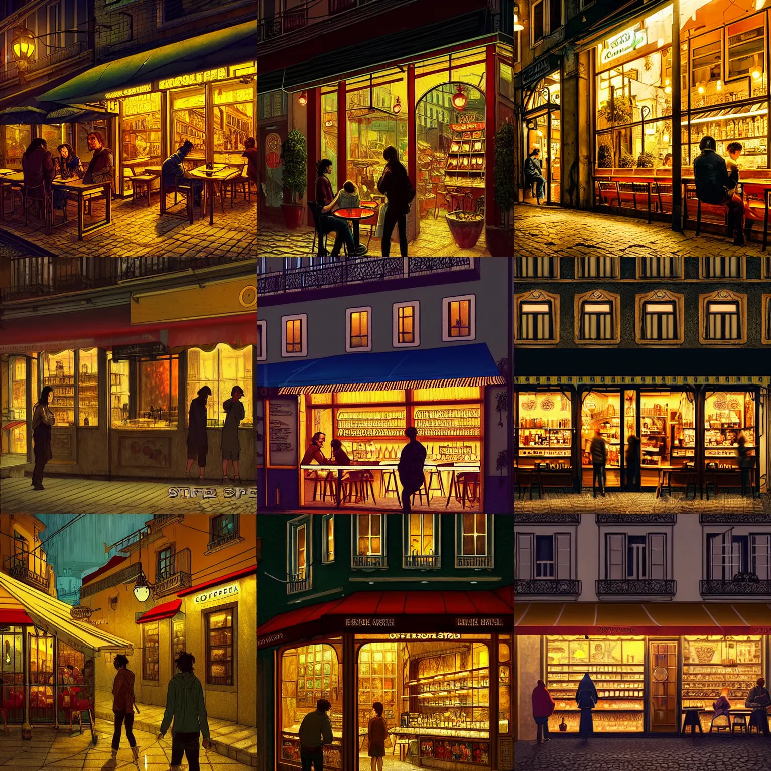 Prompt: a coffee shop store in The City of Lisbon at night with a few customers, extreme resolution fantasy concept art, intricate details, sharp lighting, Dramatic light by denis villeneuve, strong emphasis on alphonse mucha, Makoto Shinkai