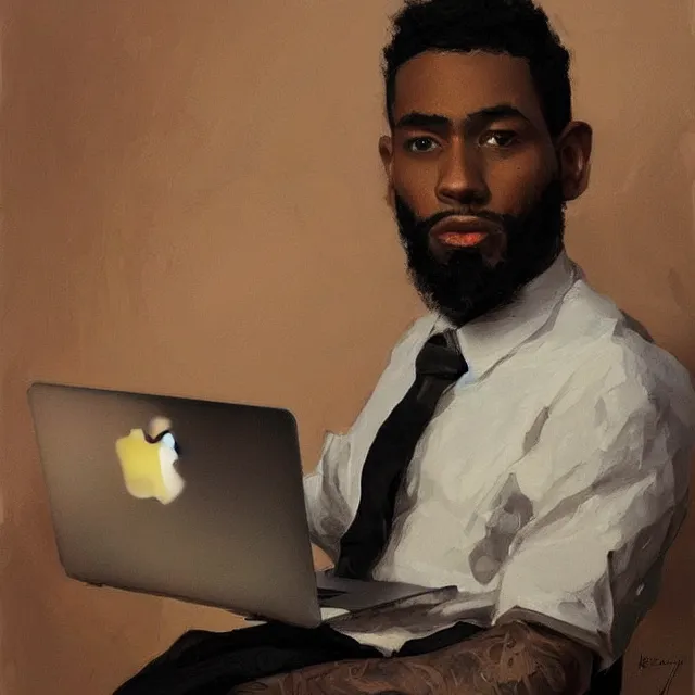 Image similar to a lightskinned black man with short hair, shaved beard, using a macbook, portrait, elegant, intricate, digital painting, artstation, concept art, smooth, sharp focus, illustration, art by konstantin korovin and daniel f. gerhartz and john howe