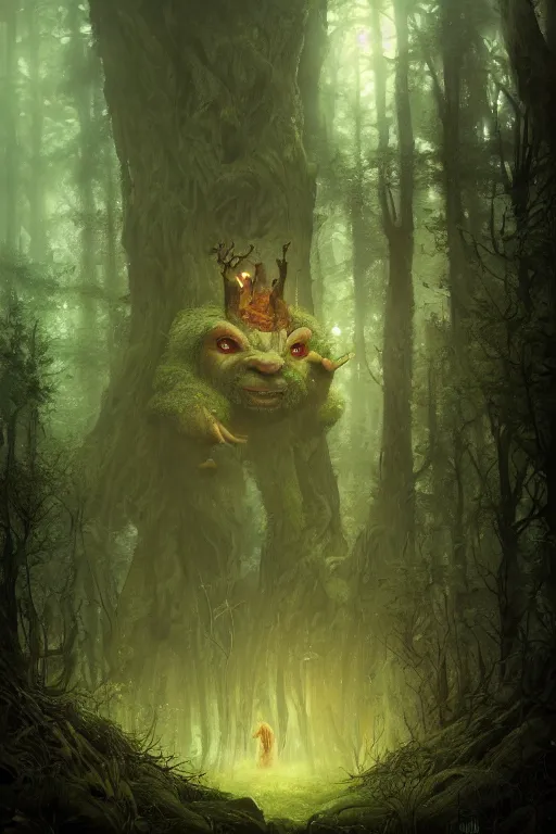 Image similar to a beautiful hyperrealistic painting of a forest troll by Anato Finnstark, Anton Semenov, gigantic, octane render, brilliantly coloured, intricate, ultra wide angle, trending on artstation, dusk, volumetric lighting, polished, micro details, ray tracing, 8k