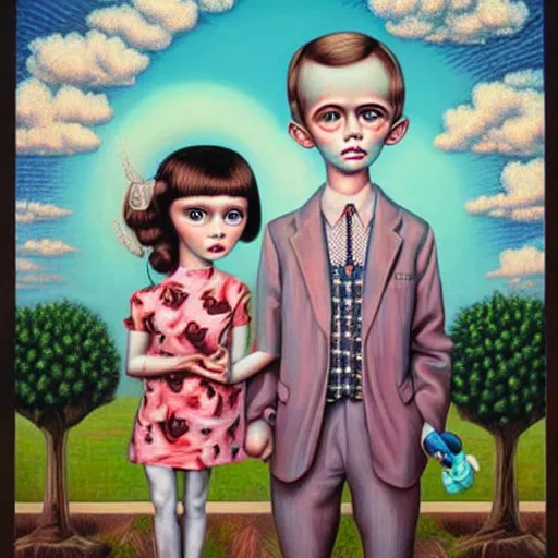 Image similar to a couple and their child portrait, living room wall background, lowbrow art pop surrealism 70's art style, by Mark Ryden and Hikari Shimoda