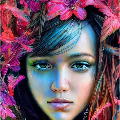 Image similar to portrait of a beautiful hawaiian girl, palm trees, flowers by android jones