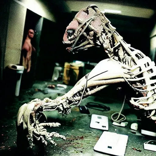 Image similar to “ugly filthy gross fleshy raw meat insectoid cybernetic mummy horse standing in a filthy dirty small server room filled with garbage and networking cables. David Cronenberg. Body horror style. 35mm.”