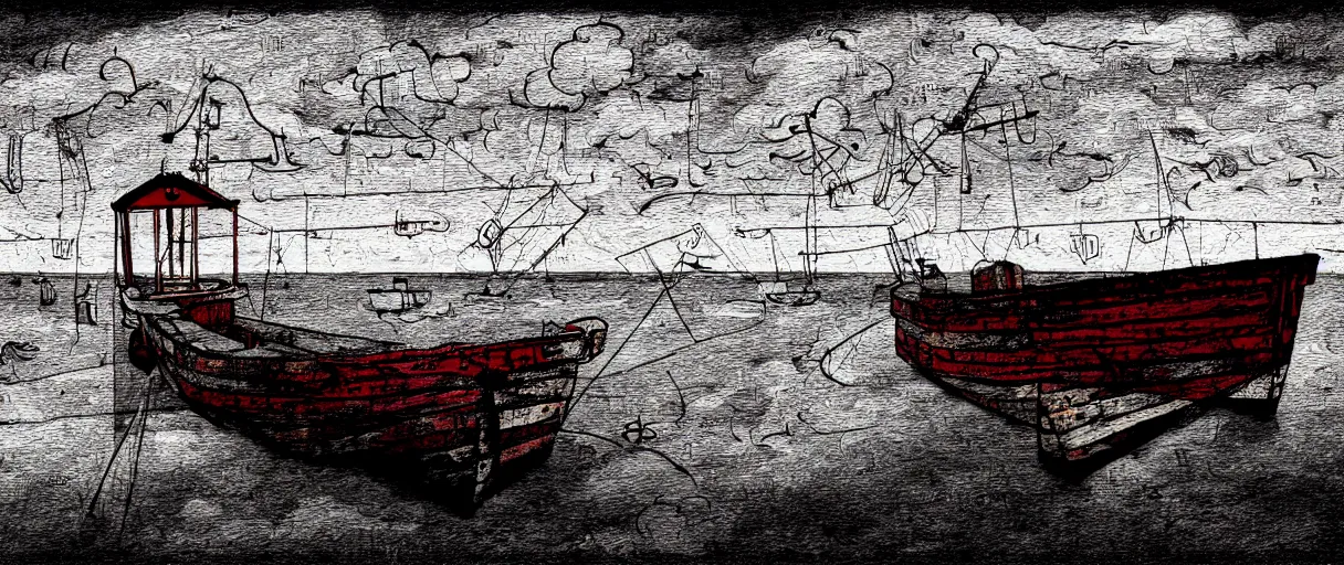Prompt: a lone abandoned boat at dungeness, in the style of daniel johnston and outsider art, 8 k, line brush, overlaid with chinese adverts