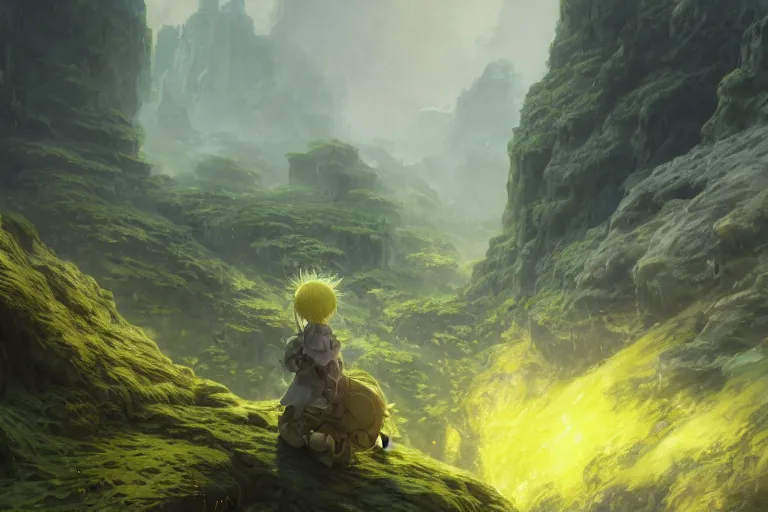 Prompt: made in abyss concept art riko yellow hair extra detailed green eyes full body landscape digital painting illustration wlop James Jean Marc Simonetti Ruan Jia and Mandy Jurgens and Artgerm and William-Adolphe Bouguerea greg rutkowski Gustave Dore trending on artstation pixiv hyperdetailed Unreal Engine 4k 8k ultra HD