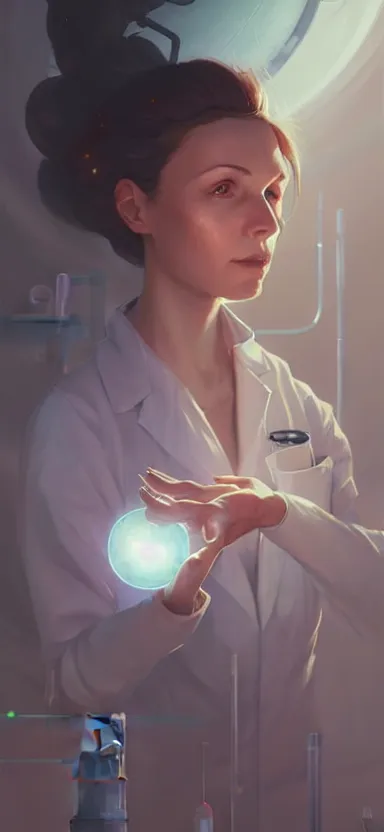 Prompt: a portrait art of a female scientist in a laboratory holding a black hole in her hands, style by jordan grimmer and greg rutkowski, concept art, stylised, elegant, illustration, high quality, highly detailed, long hair, digital art, pinterest