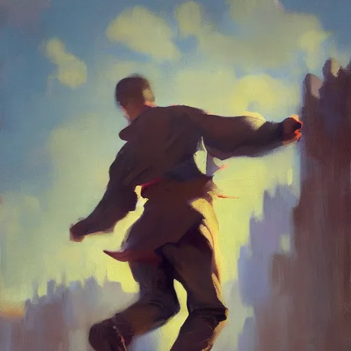 Prompt: greg manchess portrait of a man tripping and falling, profile picture, organic painting, sunny day, matte painting, bold shapes, hard edges, street art, trending on artstation, by huang guangjian, gil elvgren, ruan jia, randy vargas, greg rutkowski