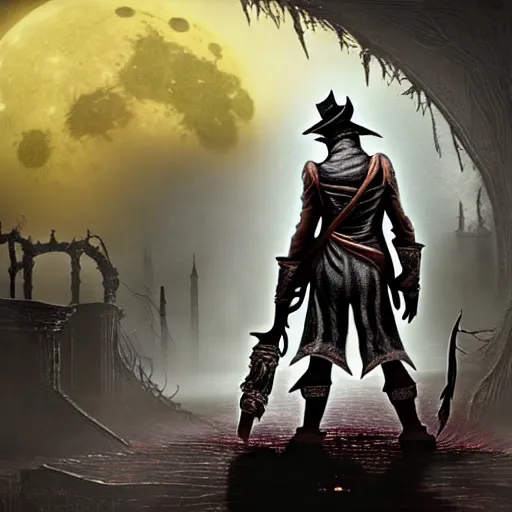 Image similar to an ultradetailed animation of the hunter from bloodborne dressed as darkwing duck, let's get dangerous, in the style animation of darkwing duck, digital art, dark fantasy, concept art, soulslike, by alphonse mucha, blood moon eclipse, wherewolves in a ruined building in the background, artstation, 8 k, unreal engine render