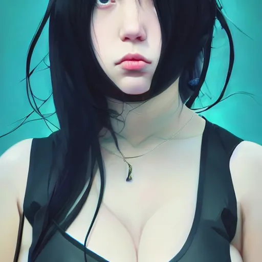 Image similar to a beautiful japanese billie eilish kat dennings alluring instagram model in elaborate latex tank top, by guweiz and wlop and ilya kuvshinov and artgerm and makoto shinkai and studio ghibli, symmetrical eyes, aesthetic, gorgeous, stunning, alluring, attractive, artstation, deviantart, pinterest, digital art