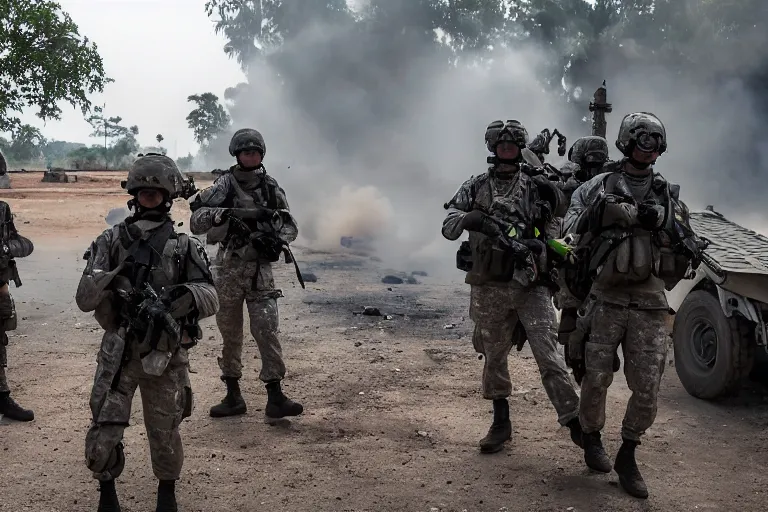 Image similar to Mercenary Special Forces soldiers in grey uniforms with black armored vest and black helmets behind an MRAP in urban warfare in Cambodia as artillery explodes 2022, Canon EOS R3, f/1.4, ISO 200, 1/160s, 8K, RAW, unedited, symmetrical balance, in-frame, combat photography