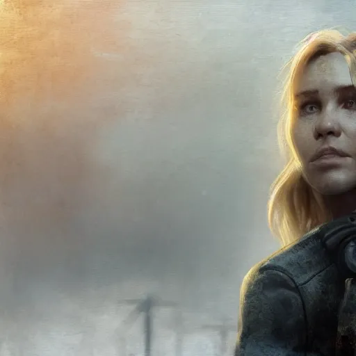 Image similar to fallout 5, charismatic beautiful rugged blonde female protagonist, portrait, outdoors ruined cityscape, atmospheric lighting, painted, intricate, volumetric lighting, beautiful, foggy, daytime, slight overcast weather, sharp focus, deep colours, ultra detailed, by leesha hannigan, ross tran, thierry doizon, kai carpenter, ignacio fernandez rios