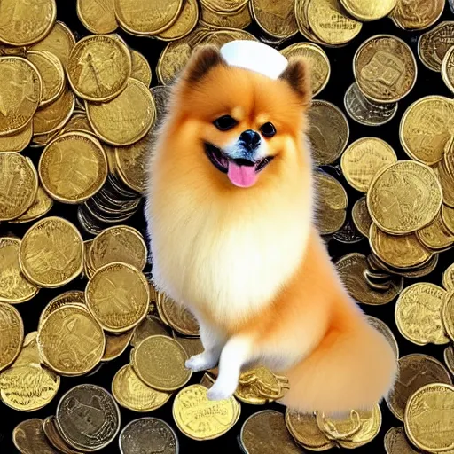 Image similar to A pomeranian wearing a top-hat, sitting on top of a large pile of gold coins