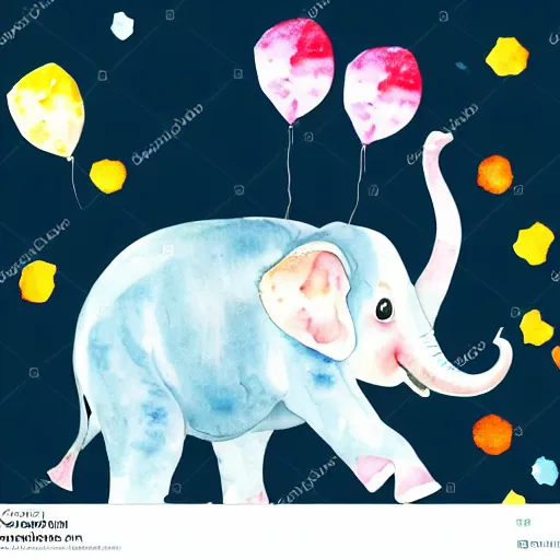 Image similar to watercolor baby elephant with trunk up in air and confetti flying in air, white background, blank background