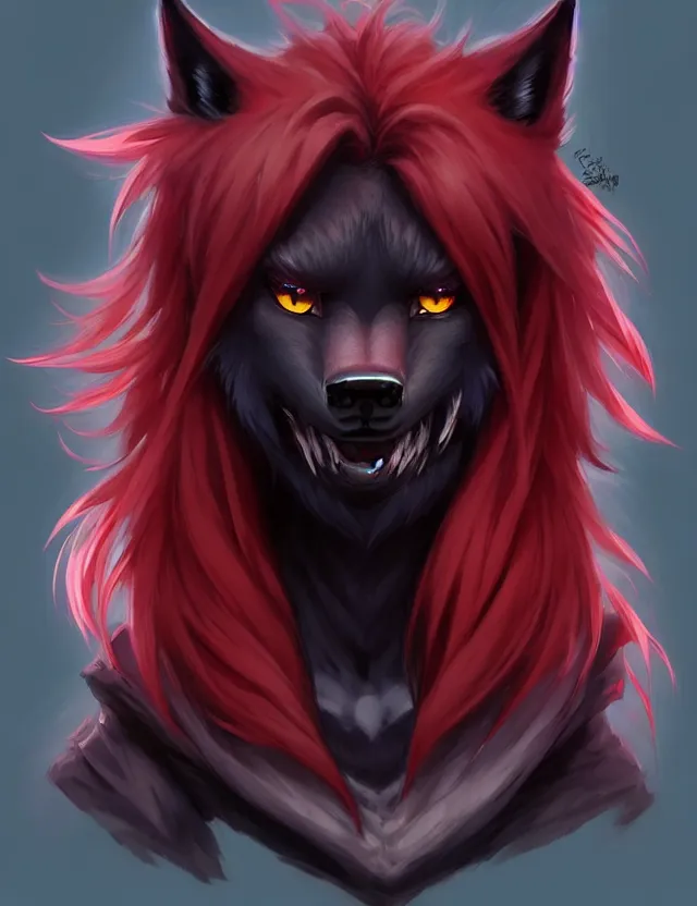 Image similar to character concept art of a black anthropomorphic male furry wolf long red hair | | cute - fine - face, pretty face, key visual, realistic shaded perfect face, fine details by stanley artgerm lau, wlop, rossdraws, james jean, andrei riabovitchev, marc simonetti, and sakimichan, trending on artstation