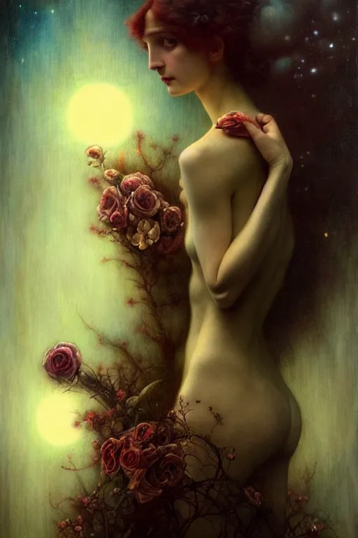 Image similar to life exists at the edge of chaos infected by night by tom bagshaw in the style of a modern gaston bussiere, alphonse muca, victor horta, steichen. anatomically correct. extremely lush detail. masterpiece. melancholic scene infected by night. perfect composition and lighting. sharp focus. high contrast lush surrealistic photorealism.