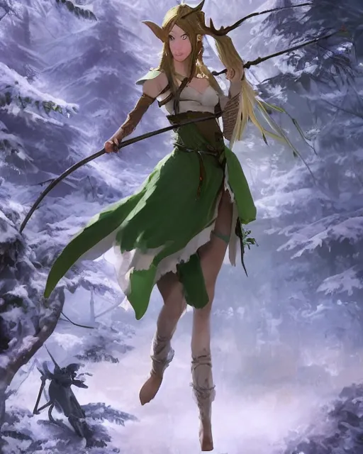 Image similar to a female elven tribe hunter, white standing in a green, luscious forest. Holding a bow in her left hand. Atmospheric lighting. By Makoto Shinkai, Stanley Artgerm Lau, WLOP, Rossdraws, James Jean, Andrei Riabovitchev, Marc Simonetti, krenz cushart, Sakimichan, D&D trending on ArtStation, digital art.