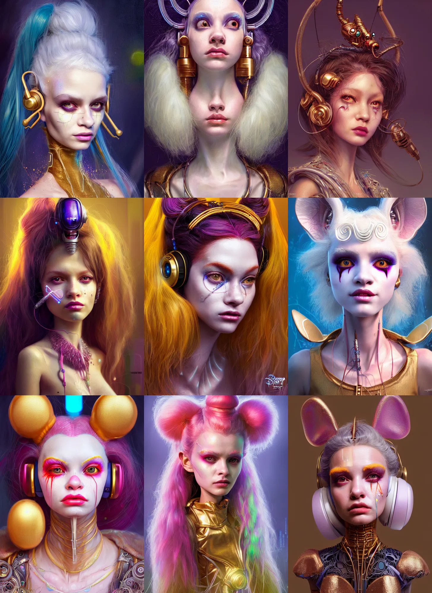 Prompt: disney weta portrait, soft lustrous biotech raver white clowncore wet cyborg, earbuds, golden ratio, sci - fi, fantasy, cyberpunk, intricate, decadent, highly detailed, digital painting, ever after high, octane render, artstation, concept art, smooth, sharp focus, illustration, art by pixar, artgerm, loish, wlop