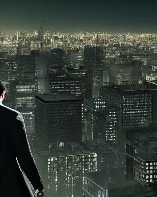 Image similar to a night rooftop scene, close up shot of a photorealistic gangster wearing a trench coat looking at the city below, unreal engine, hyper realism, realistic shading, cinematic composition, 4K ultra high resolution