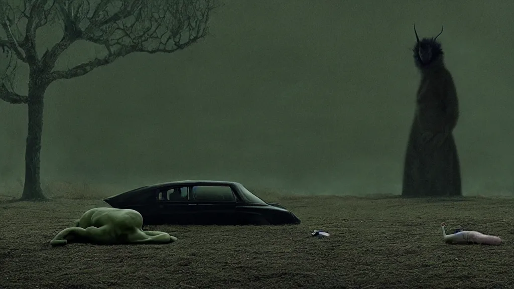 Image similar to the strange creature waits by the car, made of Chlorophyll and blood, film still from the movie directed by Denis Villeneuve with art direction by Salvador Dalí, wide lens