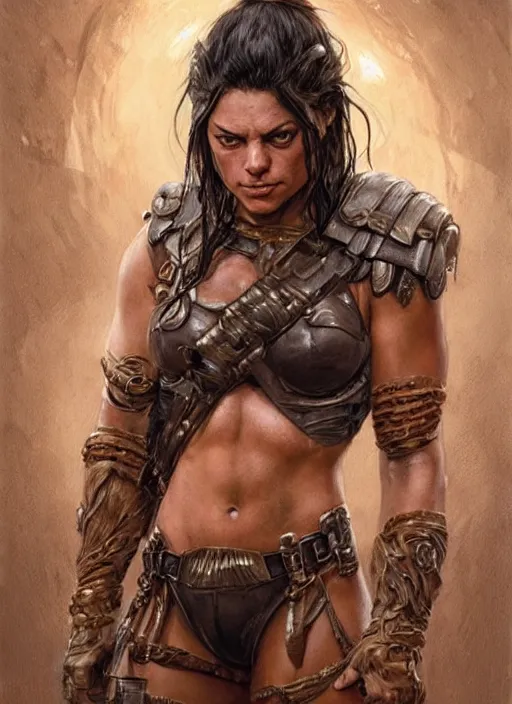 Image similar to exhausted Mila Kunis as a very muscled rugged looking Amazon, dirty, sweating, intricate, elegant, highly detailed, artstation, concept art, sharp focus, art by artgerm and donato giancola and Joseph Christian Leyendecker, WLOP