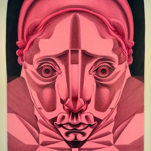 Prompt: pink and red lithography on paper conceptual figurative ( post - morden ) monumental dynamic portrait drawn by ( ( ( william blake ) ) ) and goya and hogarth, inspired by escher, illusion surreal art, highly conceptual figurative art, intricate detailed illustration, controversial poster art, polish poster art, geometrical drawings, no blur