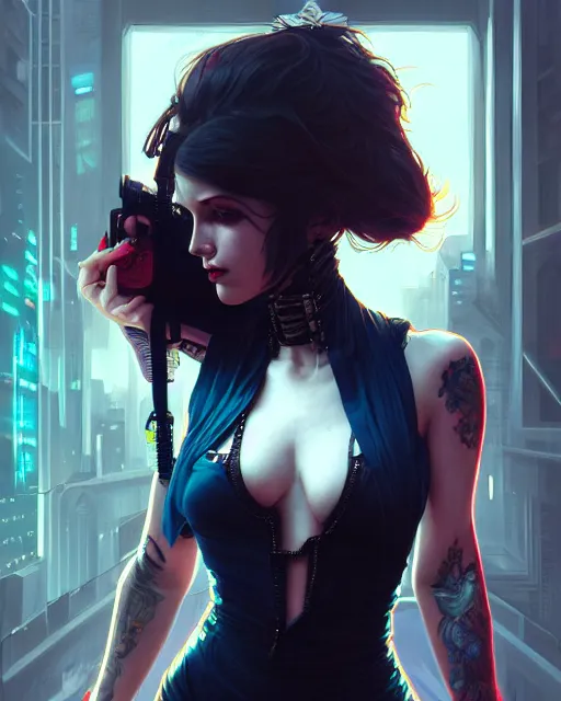 Prompt: beautiful female punk, portrait, cyberpunk, symmetry, ultra detailed, elegant, intricate, dynamic lighting, hyperrealism, digital art, digital painting, artstation, wlop, sharp focus, illustration, art by artgerm and greg rutkowski and alphonse mucha, 8 k