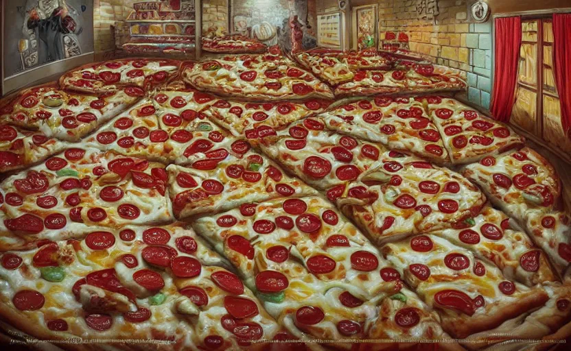 Image similar to a room made of pizza. called the pizza room amazing detailed artwork, trending on artstation