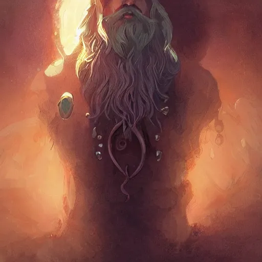 Prompt: A portrait of a cleric of Cthulu with short dark hair and a trimmed beard, he wears a cubic sandstone pendant around his neck, as dark magic emanates from his pendant tentacles spur from the water, digital art by Ruan Jia