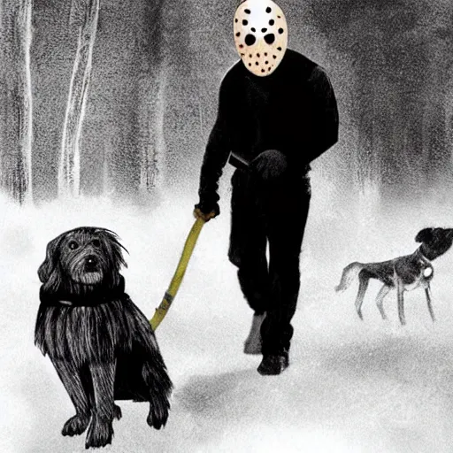 Image similar to Jason Voorhees and dog
