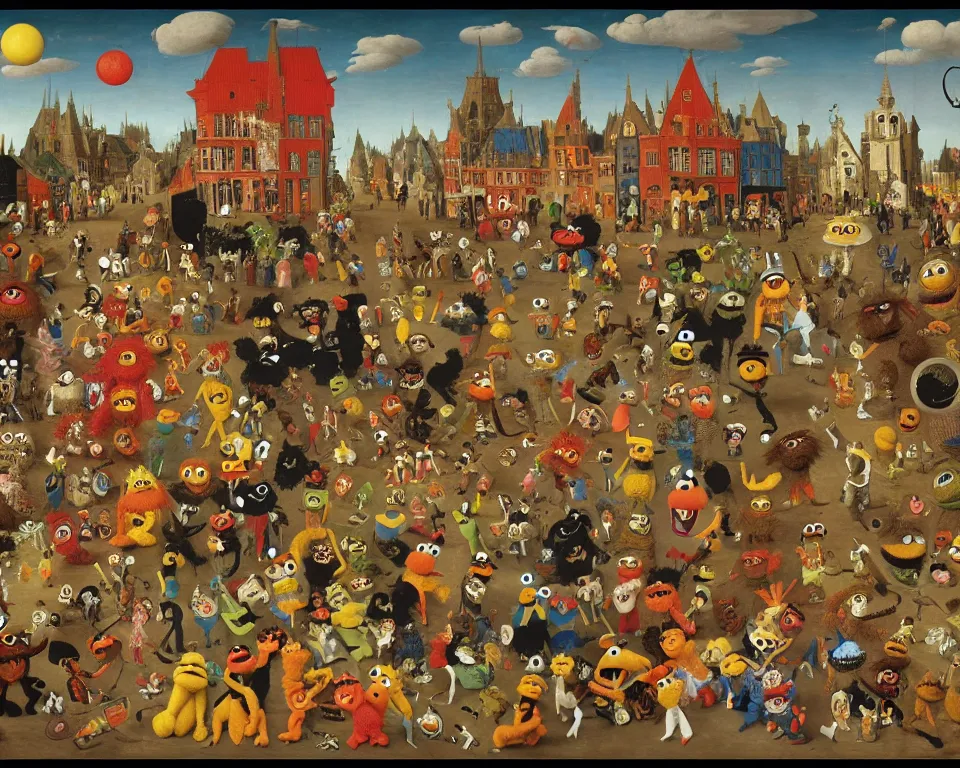 Image similar to sesame street muppets art by hieronymus bosh, triumph of death by pieter brueghel