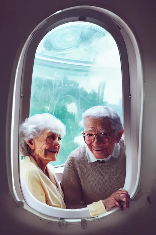 Image similar to photo of glamorous elderly couple in a spaceship with a window looking out to orbit