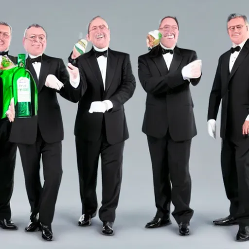 Image similar to 5 middle aged men wearing tuxedos, each man is holding a green bottle