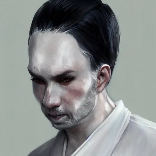 Prompt: a portrait of a white haired parted through the middle asian man, hyperdetailed black sclera eyes, wearing white kimono with black shirt underneath, young, D&D, sci-fi, elegant, hopeful, highly detailed, digital painting, artstation, concept art, smooth, sharp focus, illustration