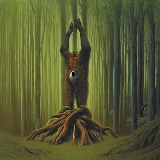 Prompt: bigfoot praying at a forest alter Zdzisław Beksiński