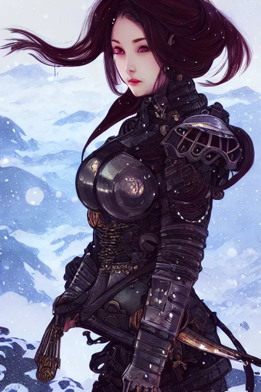 Image similar to portrait ninja gaiden girl, armored dieselpunk wardrobe, at snowy fuji mountain moonlight, ssci - fi and fantasy, intricate and very beautiful and elegant, highly detailed, digital painting, artstation, concept art, smooth and sharp focus, illustration, art by tian zi and alphonse mucha and wlop